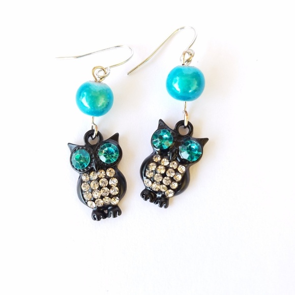 Hand Crafted Earrings Crystal-eyed Owl Dangle Aqua/Black Beaded 1.25” Pierced - Picture 6 of 6